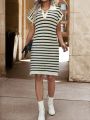 SHEIN Frenchy Striped Knitted Sweater Dress With V Neck And Batwing Sleeves (Belt Not Included)