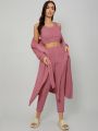 Solid Tank Top & Pants & Belted Robe Lounge Set