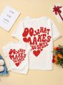 Little Girls' Heart & Text Print Short Sleeve Round Neck T-shirt