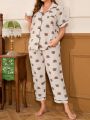 Plus Size Cartoon Printed Color Block Pajamas Set With Contrasting Trim