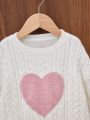 SHEIN Young Girl Heart Pattern Cable Knit Drop Shoulder Sweater