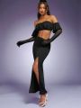 Asavvy Off Shoulder Ruffle Trim Crop Top & Split Thigh Skirt