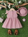 SHEIN Newborn Baby Girl Summer Floral Embroidered Short Sleeve Dress With Flutter Sleeves