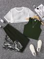 SHEIN Female Teenagers Mesh Blouse Ribbed Vest With Pockets Camouflage Color-blocked Trousers Three-piece Set