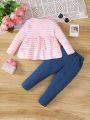 Toddler Girls' Cute Striped Top With Flounce Hem And Jeans-Like Pants