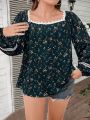 SHEIN LUNE Plus Size Lace Decorated Lantern Sleeve Floral Blouse