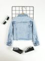 Young Girl 1pc Flap Detail Raw Hem Denim Jacket