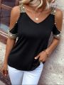 Off-Shoulder Neckline Beaded V-Neck T-Shirt