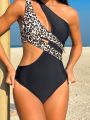 SHEIN Swim Vcay Leopard Print Cutout One Shoulder Swimsuit With Knot Detail