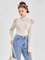 SHEIN 3pcs/set Teen Girls' Knit Ribbed Off Shoulder Mock Neck Long Sleeve T-shirts