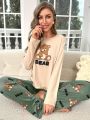 Bear Print Long Sleeve T-Shirt And Long Pants Pajama Set