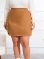 SHEIN Essnce Plus Size Women'S Elegant Fitted Button-Up Faux Pu Midi Skirt