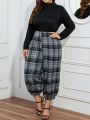 Plus Size Plaid Patchwork Long Sleeve Jumpsuit