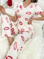 Lip Print V-Neck Pajama Set