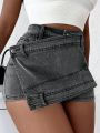 Mid Waist Wrap Denim Skort