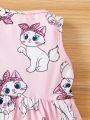 SHEIN Baby Girls' Casual Knitted Sleeveless Cat Print Empire Waist Dress