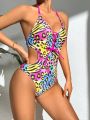 SHEIN Swim Vcay Women'S Full Print Criss-Cross Strap Halter Backless One-Piece Swimsuit