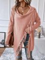 SHEIN LUNE Women's V-neckline Fringe Trim Shawl Collar Open Front Cardigan