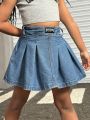 SHEIN Girls Regular Mid-waist Cute Style Denim Pleated Skirt