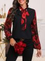 SHEIN LUNE Floral Print Patchwork Collar Tie Front Long Sleeve Shirt