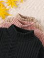 Baby Boy'S 3pcs Pure Color Ribbed Knit Stand Collar Top Set