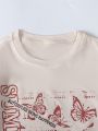 SHEIN Kids EVRYDAY Girls Butterfly & Slogan Graphic Tee