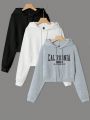 3pcs Letter Graphic Drop Shoulder Drawstring Hoodie