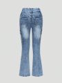 Girls' Mid-Rise Stretch Bootcut Jeans In Medium Wash With Flap Pockets And Contrast Side Seam