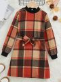 SHEIN Kids KDOMO Tween Girl Plaid Print Contrast Trim Belted Trench Coat