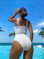 SHEIN Swim BohoFeel Women'S One-Piece Swimsuit With Splicing Bandages And Backless Design