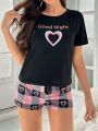 SHEIN Heart & Letter Printed Short Sleeve T-Shirt And Plaid Shorts Pajama Set