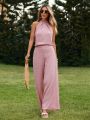 SHEIN VCAY Ladies' Solid Color Halter Top And Long Pants Two Piece Set