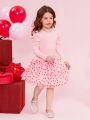 SHEIN Kids CHARMNG Toddler Girls' Leg Of Muttons Sleeve Top With Round Neck & Lantern Sleeve & Multi-Layered Mesh & Heart Pattern Skirt Set