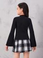 SHEIN Kids FANZEY Tween Girls' Knitted Solid Color Stand Collar Top And Knitted Plaid Skirt Set