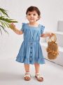 SHEIN Baby Girls' Casual Denim Look Square Collar Top And Elastic Waist Half Skirt Set