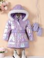 Young Girl Holographic Fuzzy Trim Hooded Puffer Coat With Gloves