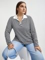 SHEIN Essnce Women's Plus Size Striped Collar Splicing Half Zipper Semi-open-neck T-shirt