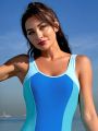 SHEIN Swim SPRTY Women's Color Block Fashionable One-piece Swimsuit