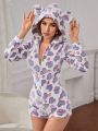 Heart Print 3D Ear Design Hooded Zipper Front Flannel Romper