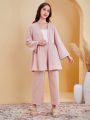 SHEIN Teenage Girls' Color-Blocked Bell Sleeve Open Front Jacket And Casual Pants Set, No Waist Chain Included