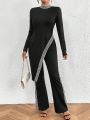 SHEIN Privé Colorblock High Slit Top And Flare Pants Set