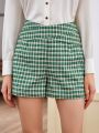 Anewsta Women's Green Plaid High Waist Crisscross Short Pants