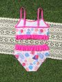 Little Girls' Halter Neck Plant Print Swimsuit Set With Ruffle Hem