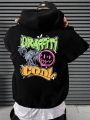 Men Plus Letter & Palm Tree Print Kangaroo Pocket Drawstring Thermal Hoodie