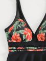 SHEIN Swim Classy Tropical Print Halter Neck Tank Top And Triangle Bottom Bikini Set