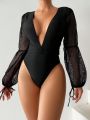 SHEIN Swim Chicsea Women's See-Through Mesh Lantern Sleeve One-Piece Swimsuit