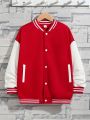 SHEIN Kids HYPEME Boys' Casual Baseball Jacket With Letter Print, Color Block Sleeves And Medium Thickness