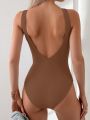 SHEIN Swim Basics Ladies' Solid Color One-Piece Swimsuit With Large Open Back Design