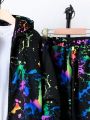 SHEIN Kids HYPEME Tween Boy Splash Ink Print Hooded Jacket & Sweatpants Without Tee