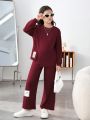 SHEIN Kids EVRYDAY Teenage Girls' Knitted Letter Patchwork Sweater & Loose Fit Long Pants Casual 2pcs Set